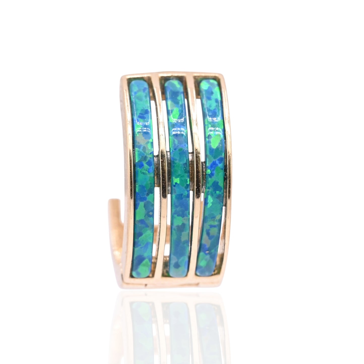 Three-Row Inlay Blue Opal Huggie Hoop Earrings 14K Yellow Gold 6.00mm Thick/12.29mm Diameter