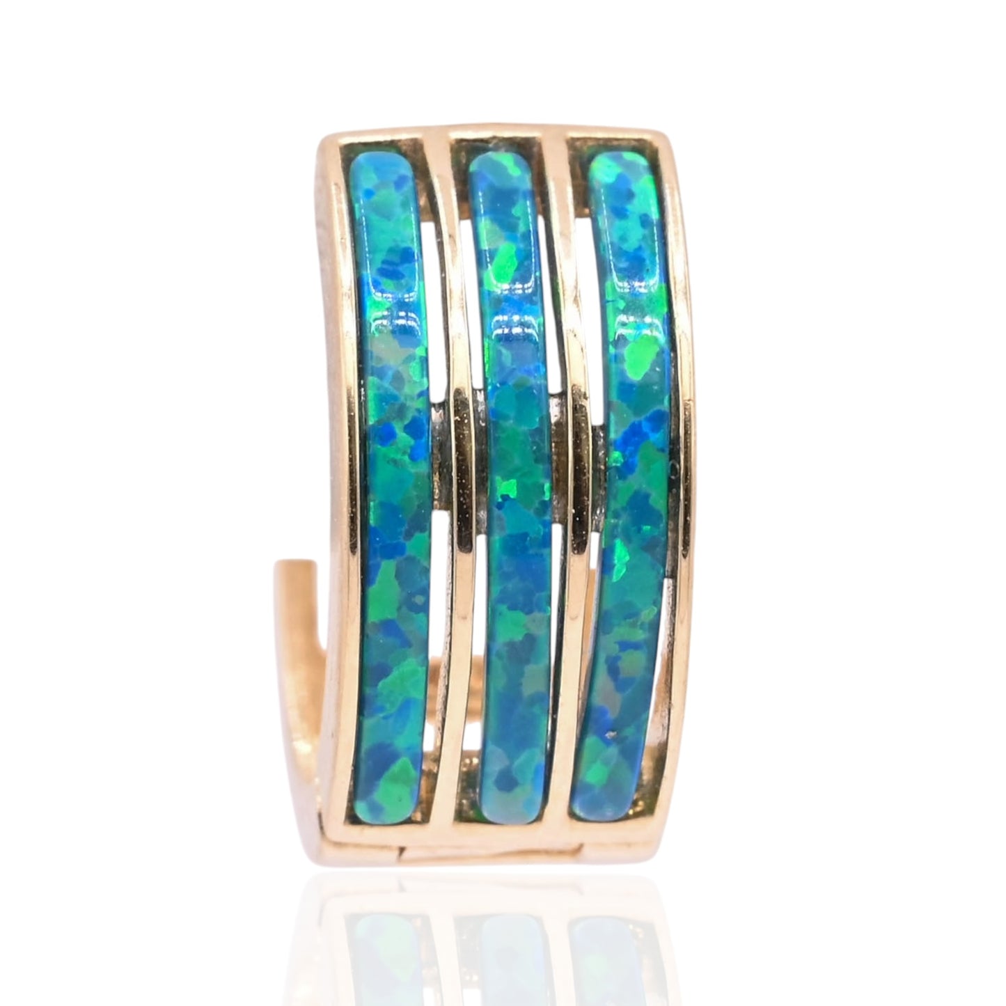 Three-Row Inlay Blue Opal Huggie Hoop Earrings 14K Yellow Gold 6.00mm Thick/12.29mm Diameter