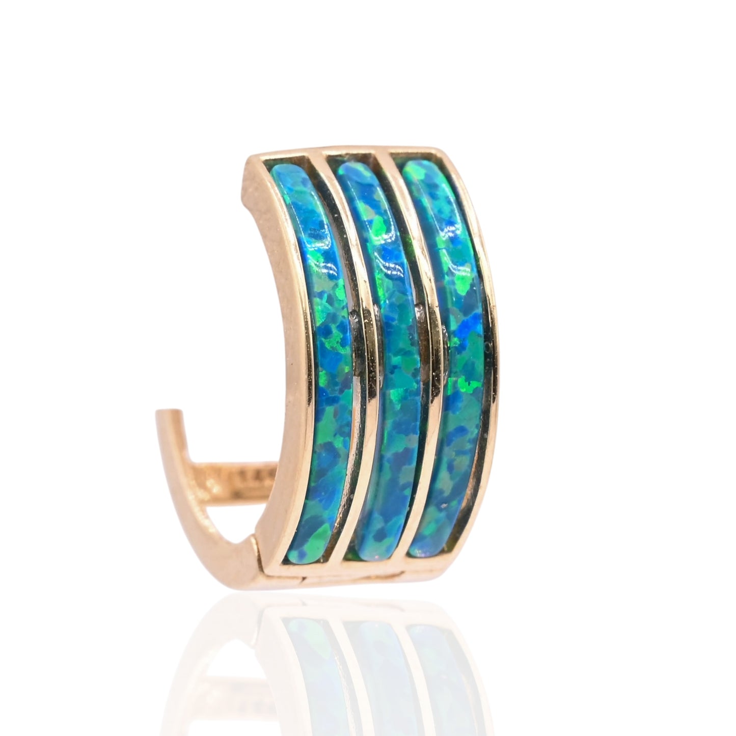 Three-Row Inlay Blue Opal Huggie Hoop Earrings 14K Yellow Gold 6.00mm Thick/12.29mm Diameter