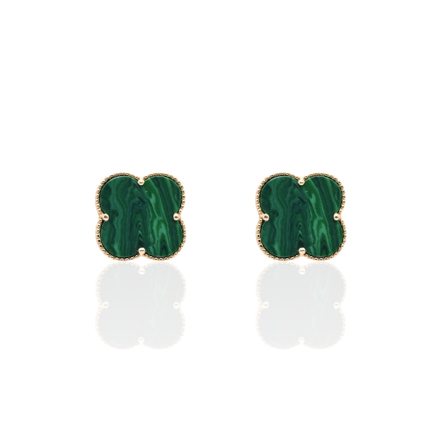Malachite Clover Stud Earrings 14K Yellow Gold
