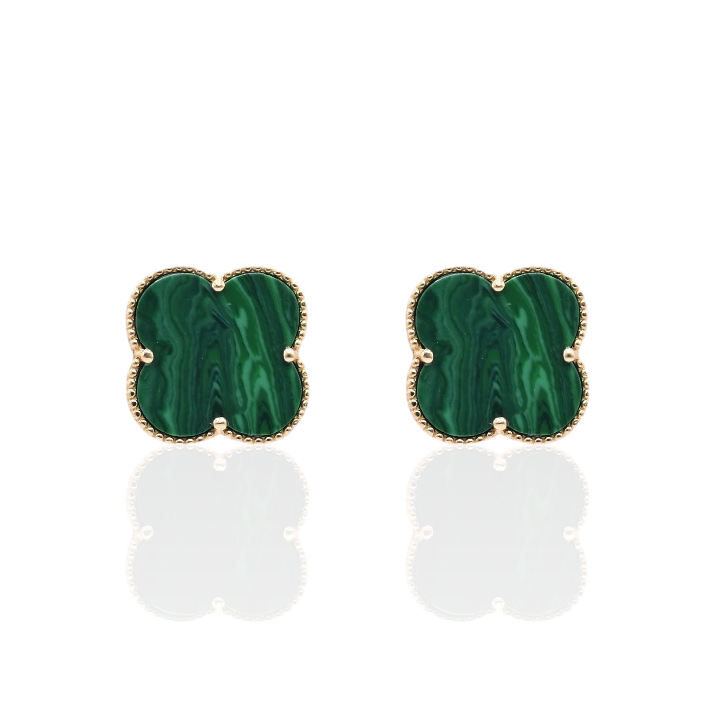 Malachite Clover Stud Earrings 14K Yellow Gold