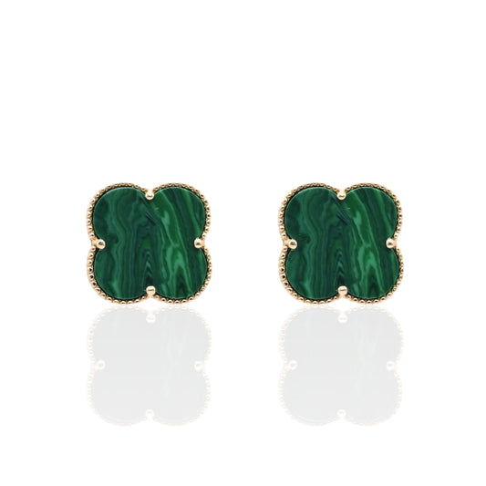 Malachite Clover Stud Earrings 14K Yellow Gold