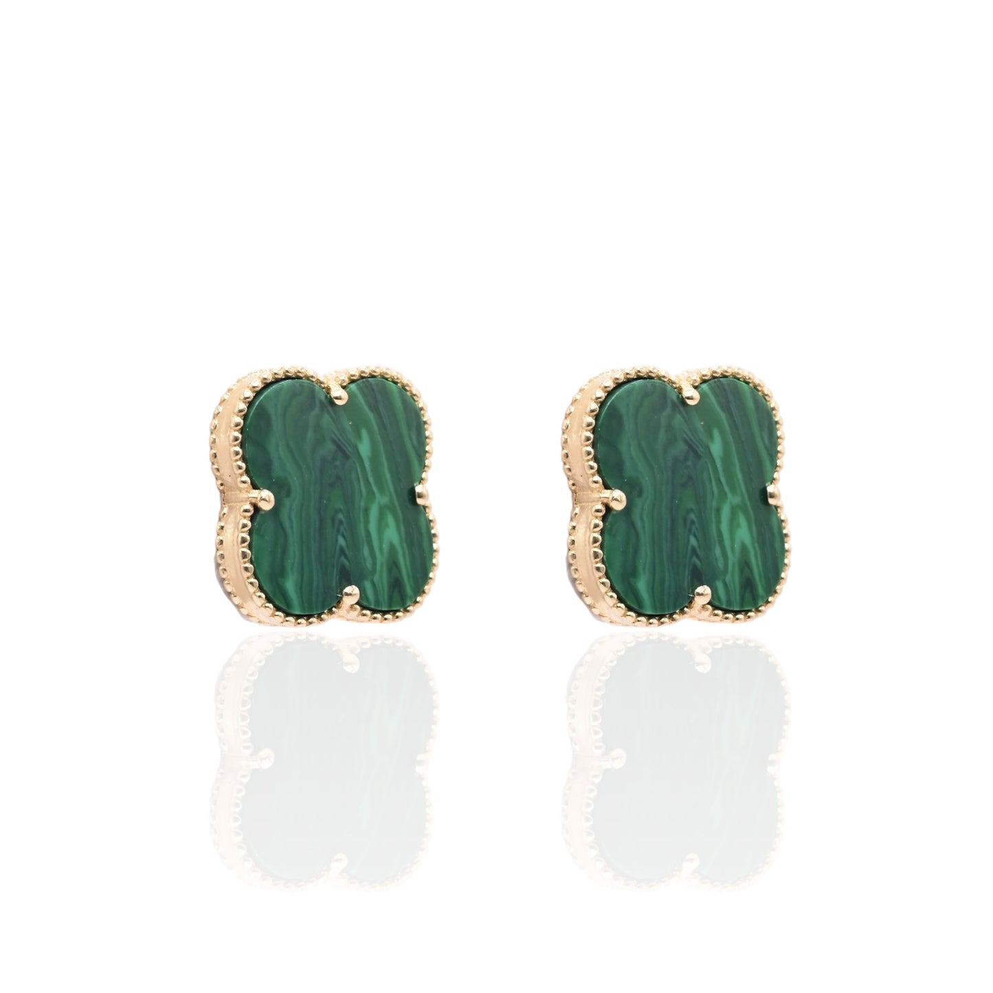 Malachite Clover Stud Earrings 14K Yellow Gold