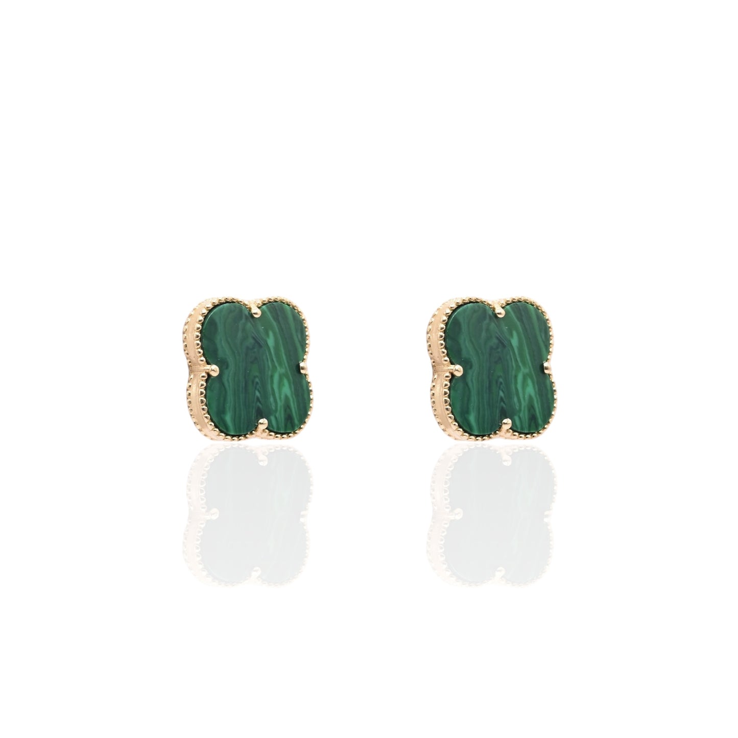 Malachite Clover Stud Earrings 14K Yellow Gold