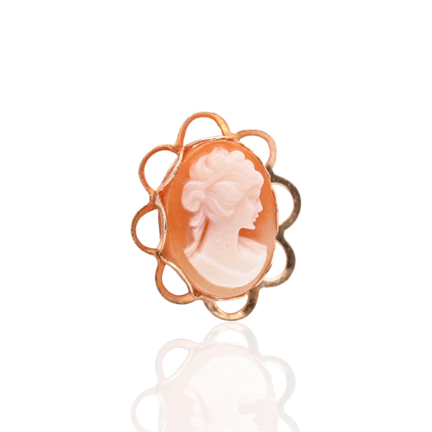Scalloped Oval Victorian Lady Cameo Pin Stud Earrings 14K Yellow Gold