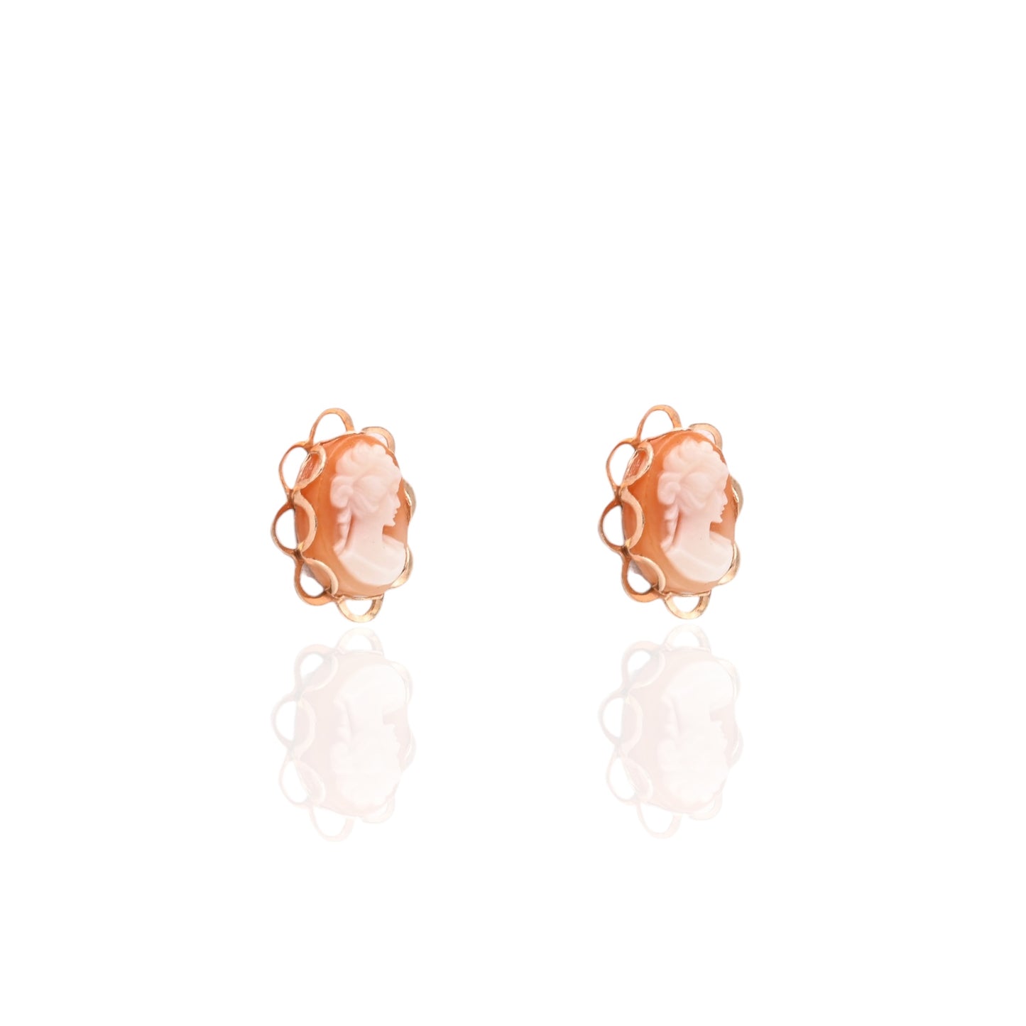 Scalloped Oval Victorian Lady Cameo Pin Stud Earrings 14K Yellow Gold