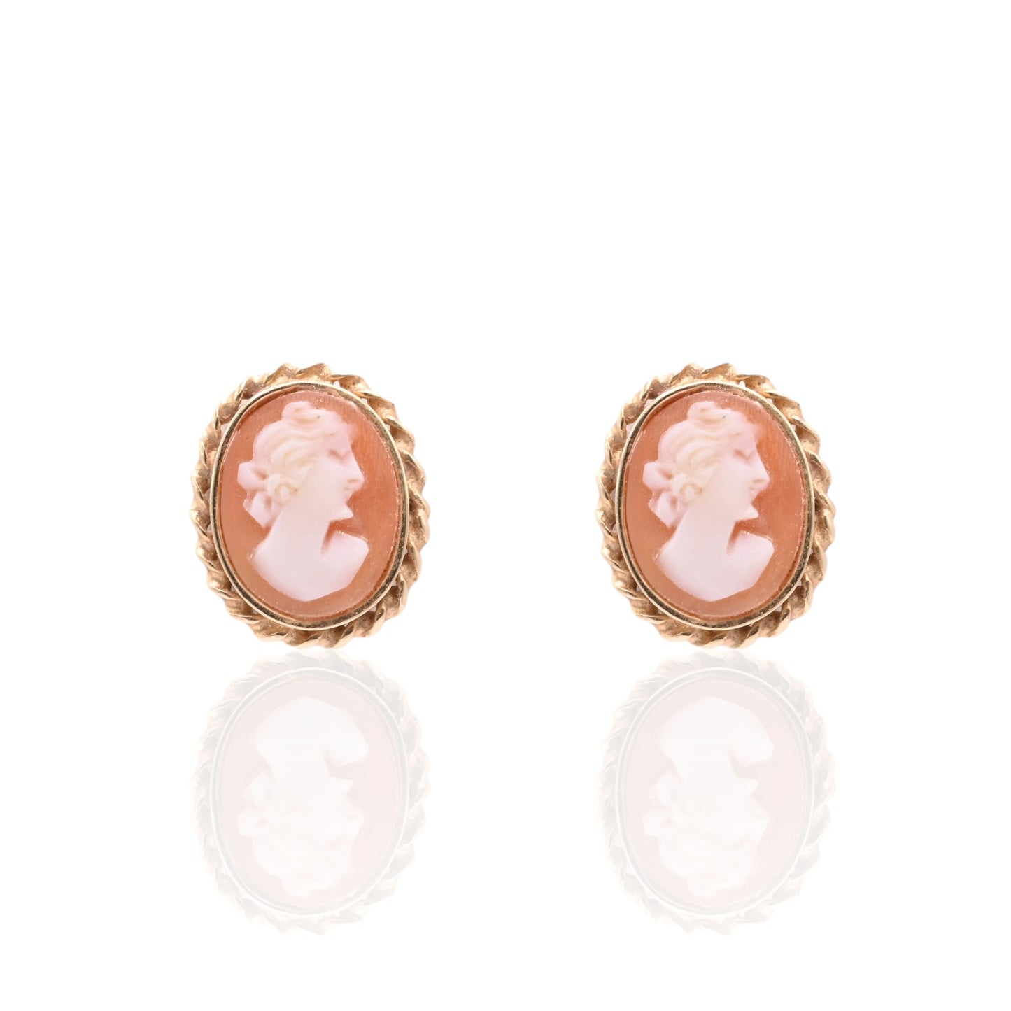 Oval Victorian Lady Cameo Pin Stud Earrings 14K Yellow Gold