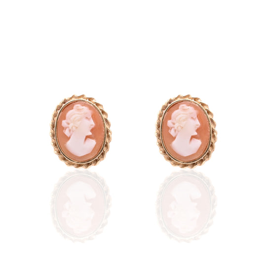 Oval Victorian Lady Cameo Pin Stud Earrings 14K Yellow Gold