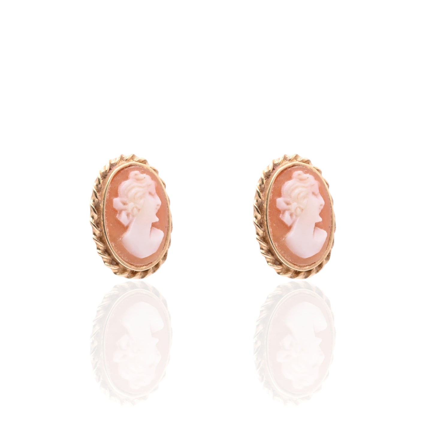 Oval Victorian Lady Cameo Pin Stud Earrings 14K Yellow Gold