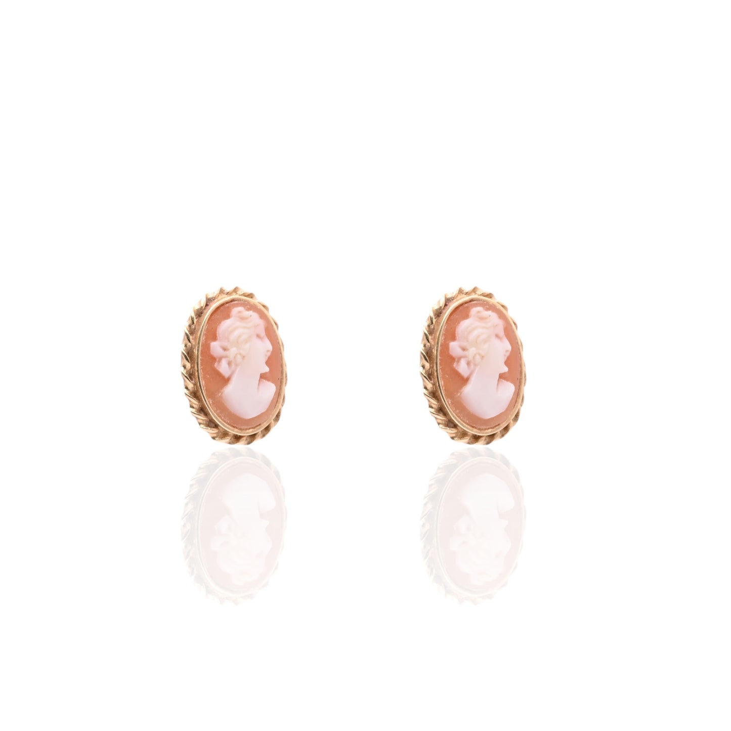 Oval Victorian Lady Cameo Pin Stud Earrings 14K Yellow Gold