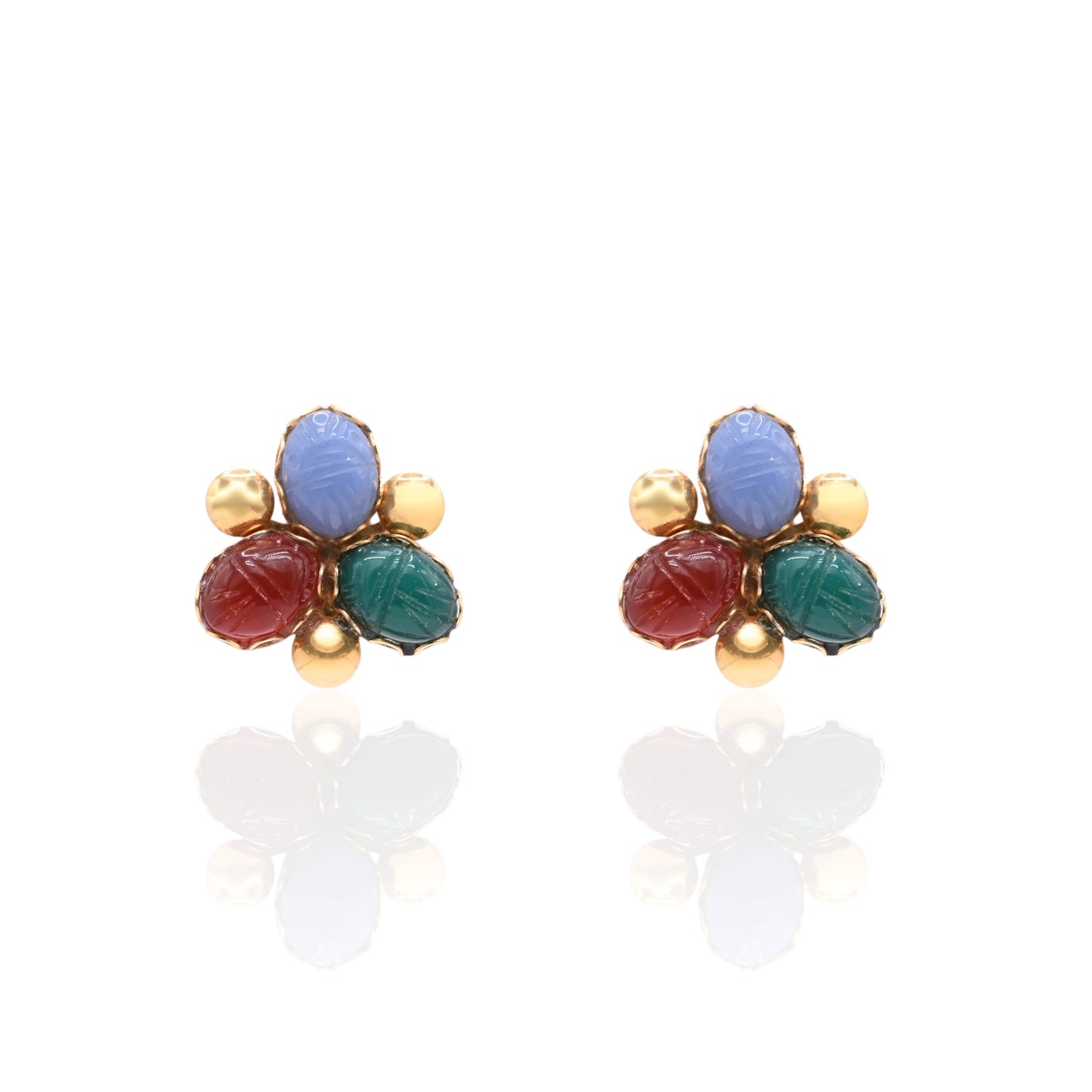 Tri-Color Carved Oval Chalcedony Earrings 14K Yellow Gold