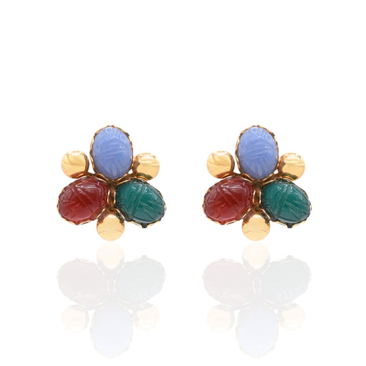 Tri-Color Carved Oval Chalcedony Earrings 14K Yellow Gold
