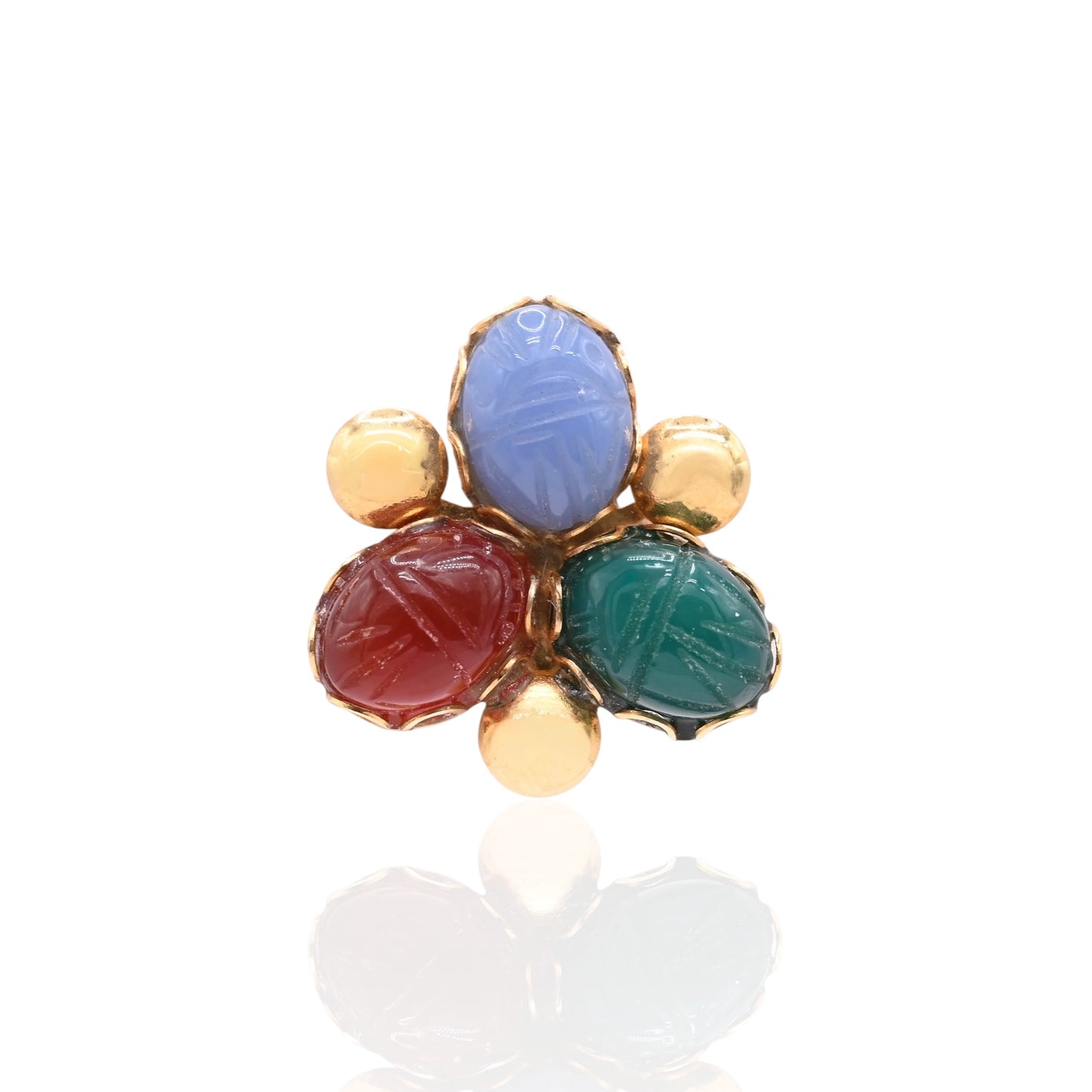 Tri-Color Carved Oval Chalcedony Earrings 14K Yellow Gold