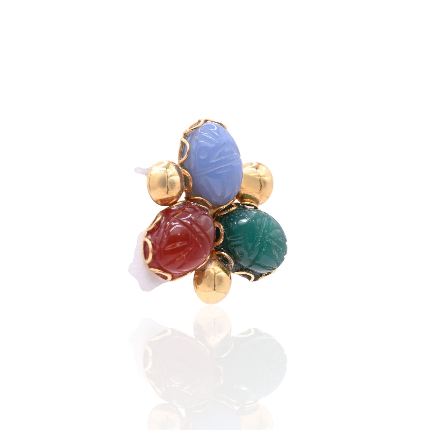 Tri-Color Carved Oval Chalcedony Earrings 14K Yellow Gold