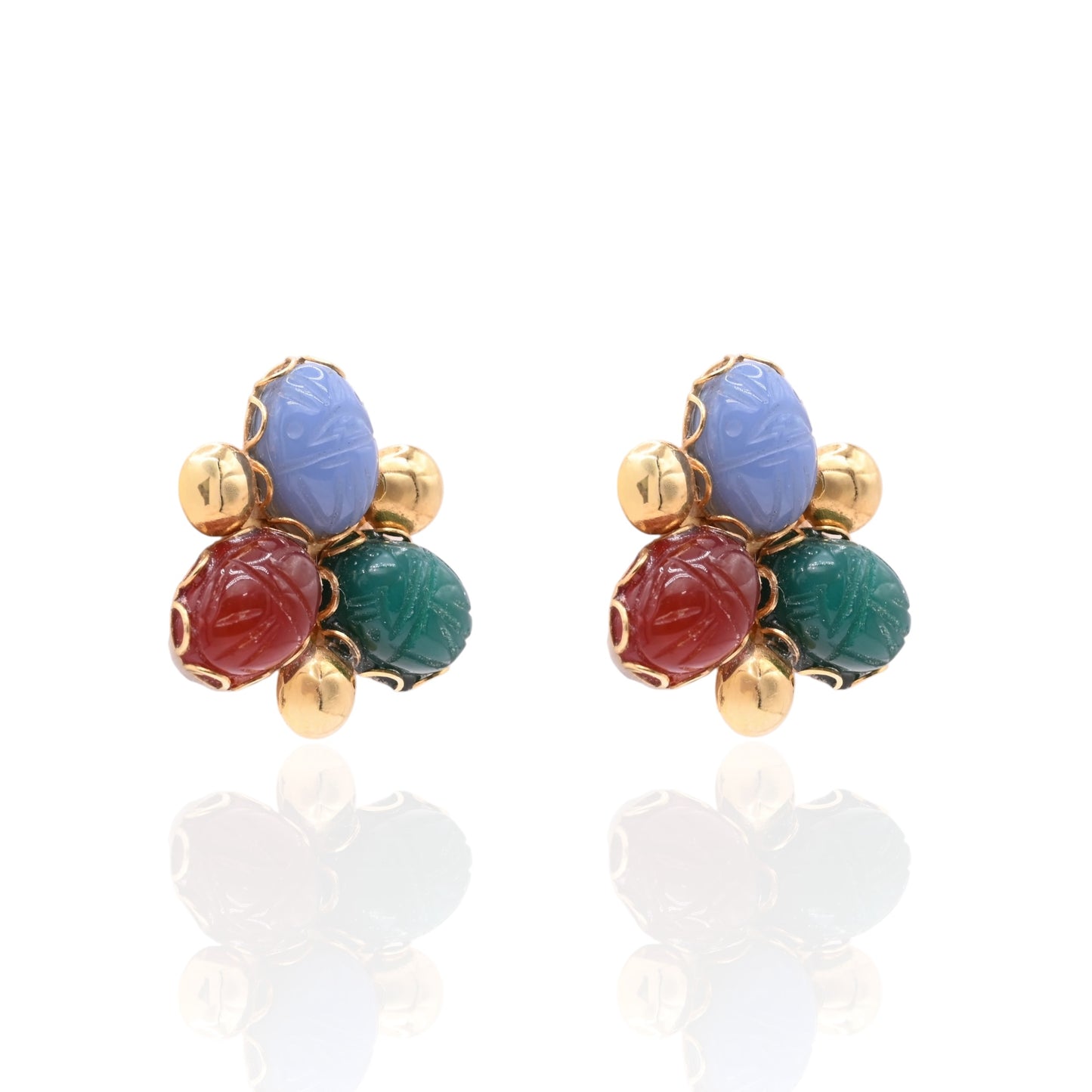 Tri-Color Carved Oval Chalcedony Earrings 14K Yellow Gold