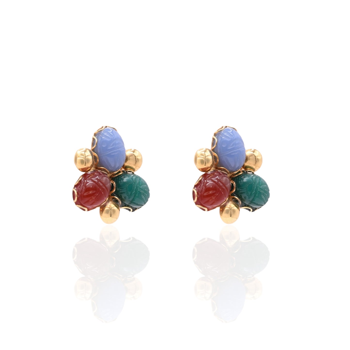 Tri-Color Carved Oval Chalcedony Earrings 14K Yellow Gold