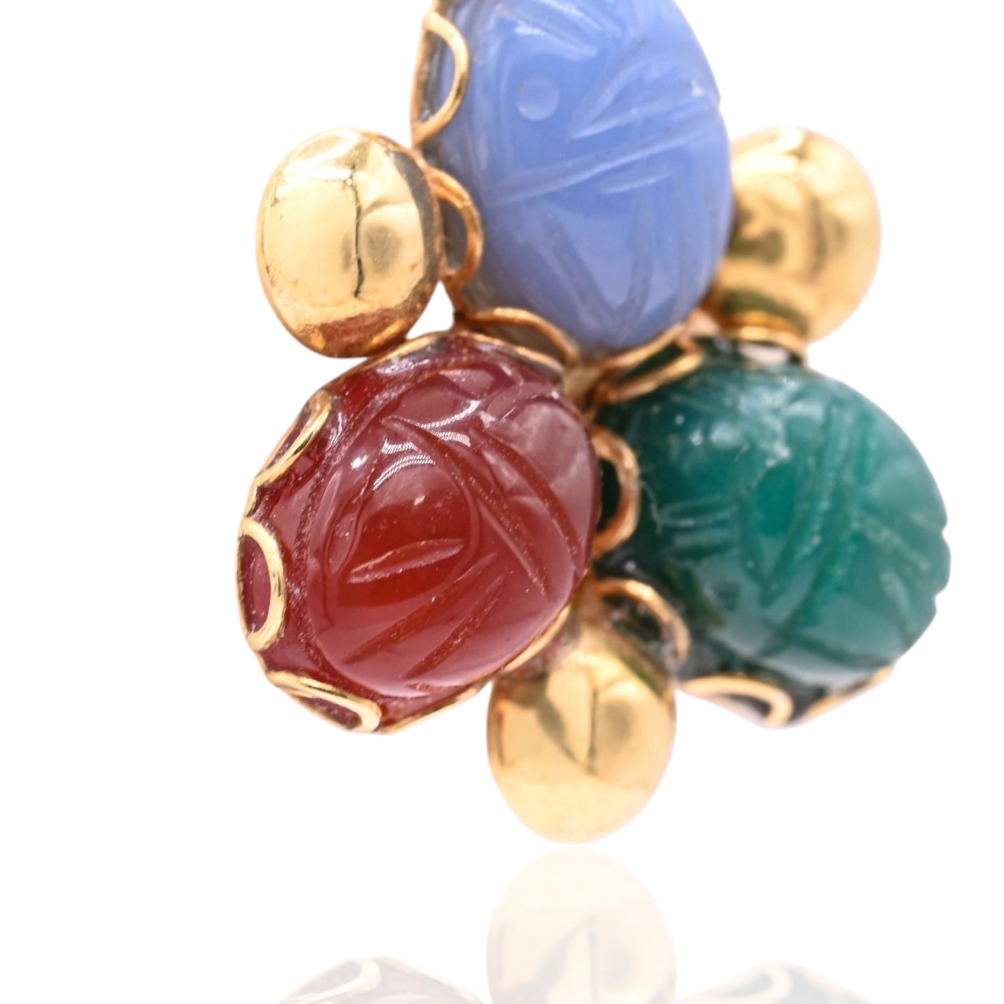 Tri-Color Carved Oval Chalcedony Earrings 14K Yellow Gold