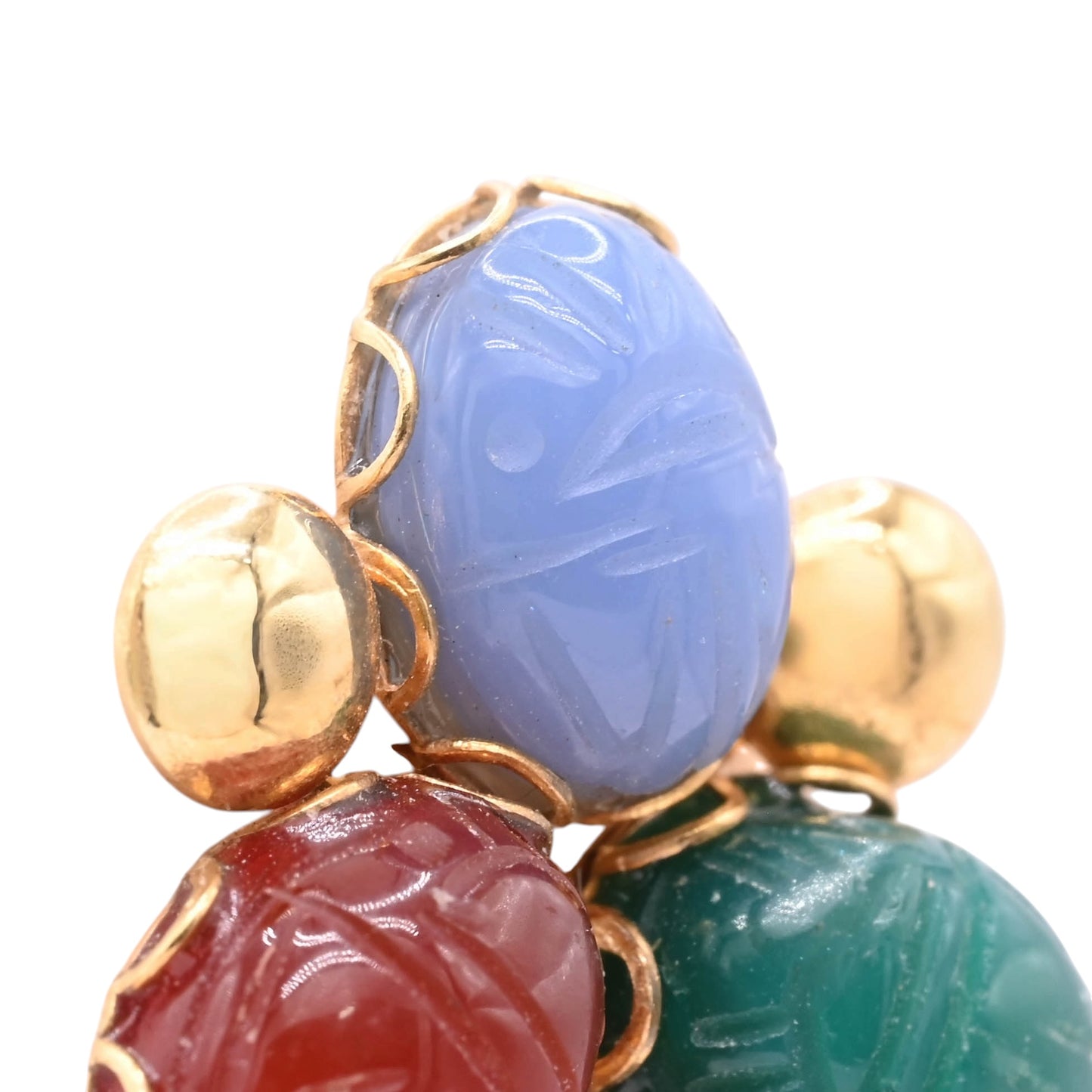 Tri-Color Carved Oval Chalcedony Earrings 14K Yellow Gold