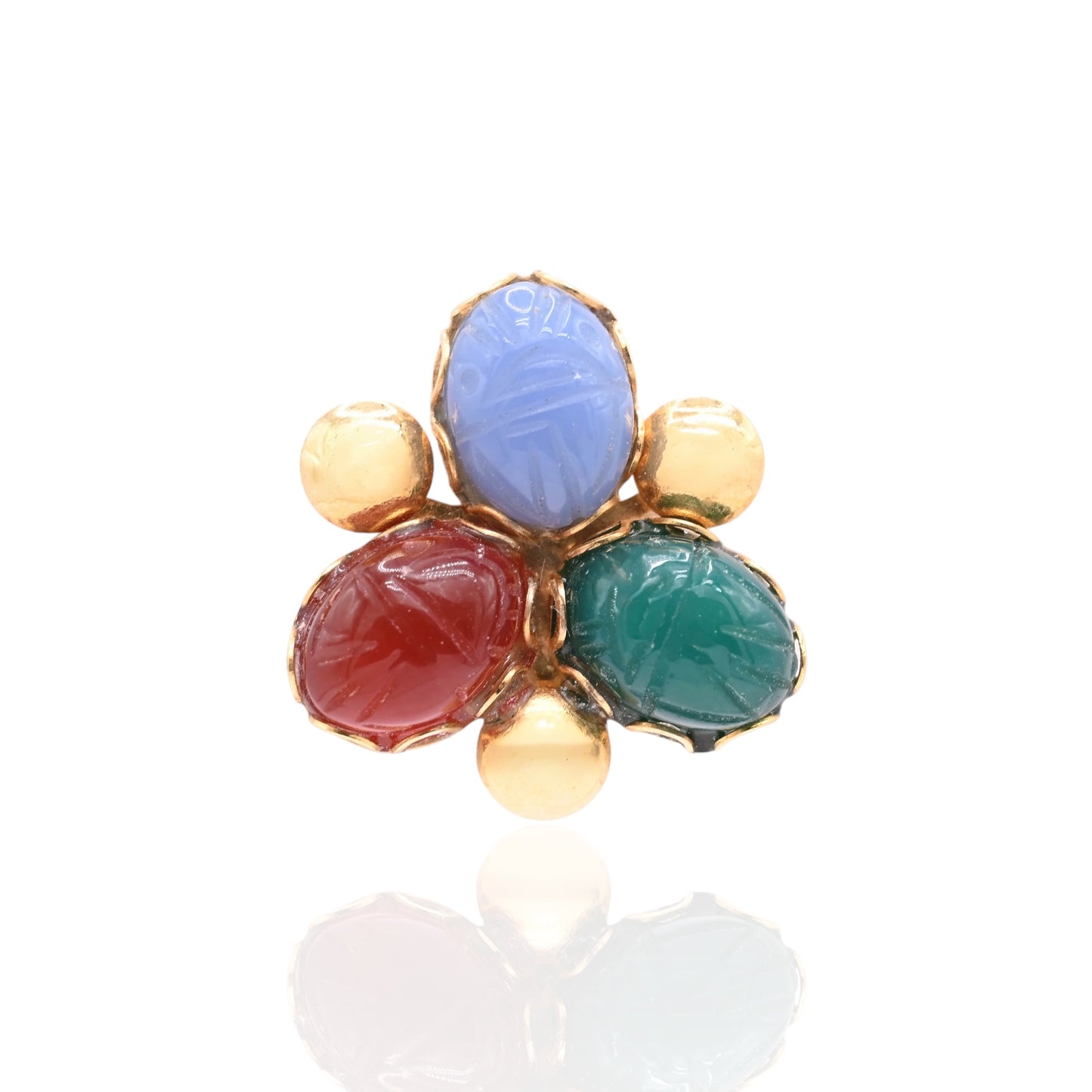 Tri-Color Carved Oval Chalcedony Earrings 14K Yellow Gold