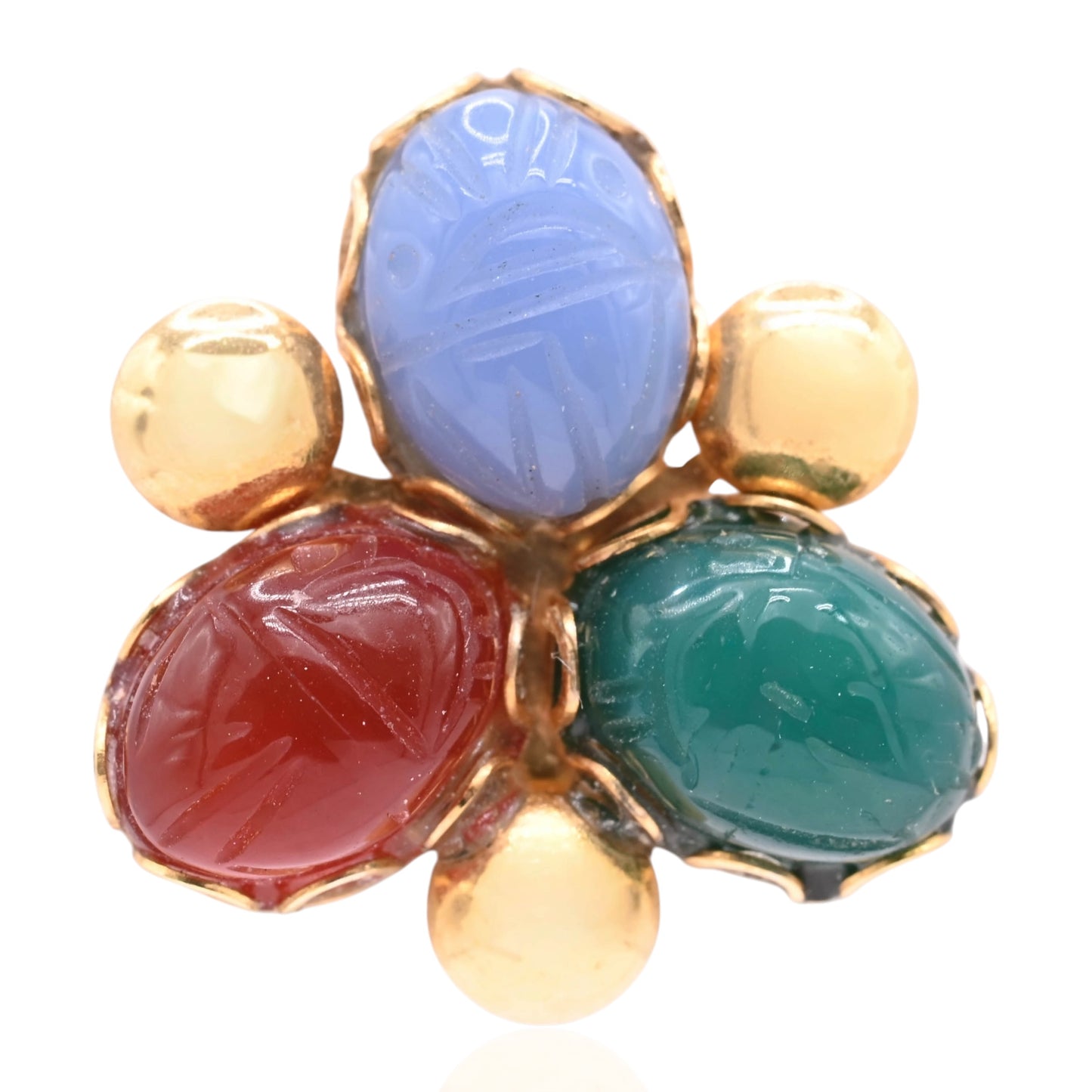 Tri-Color Carved Oval Chalcedony Earrings 14K Yellow Gold