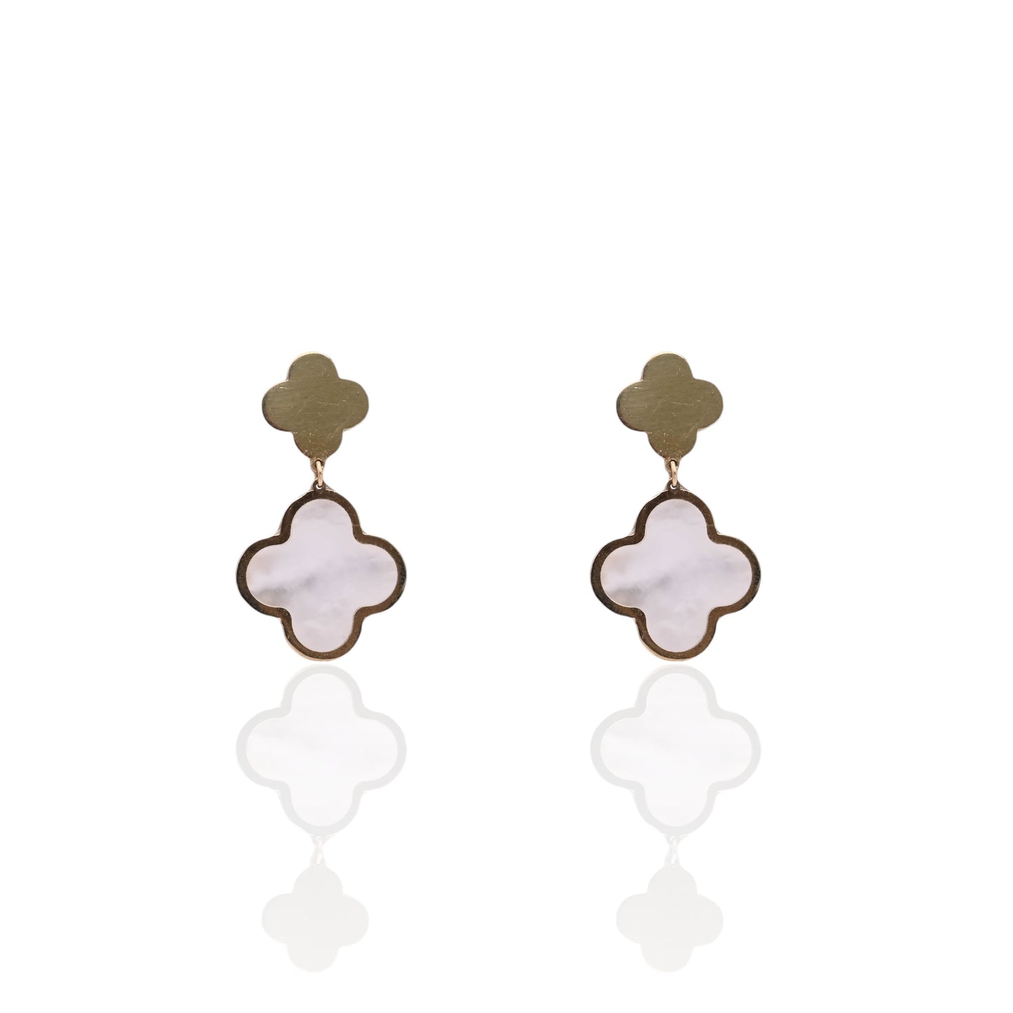 Mother of Pearl Clover Dangle Earrings 14K Yellow Gold