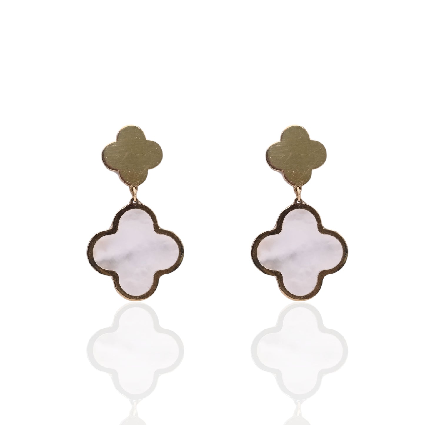 Mother of Pearl Clover Dangle Earrings 14K Yellow Gold