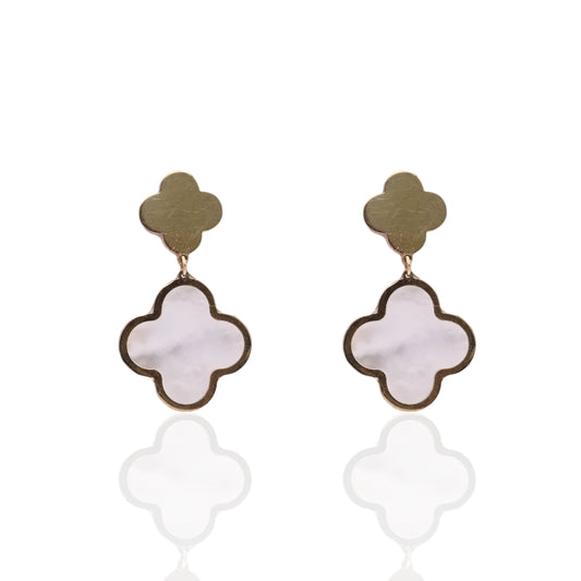Mother of Pearl Clover Dangle Earrings 14K Yellow Gold