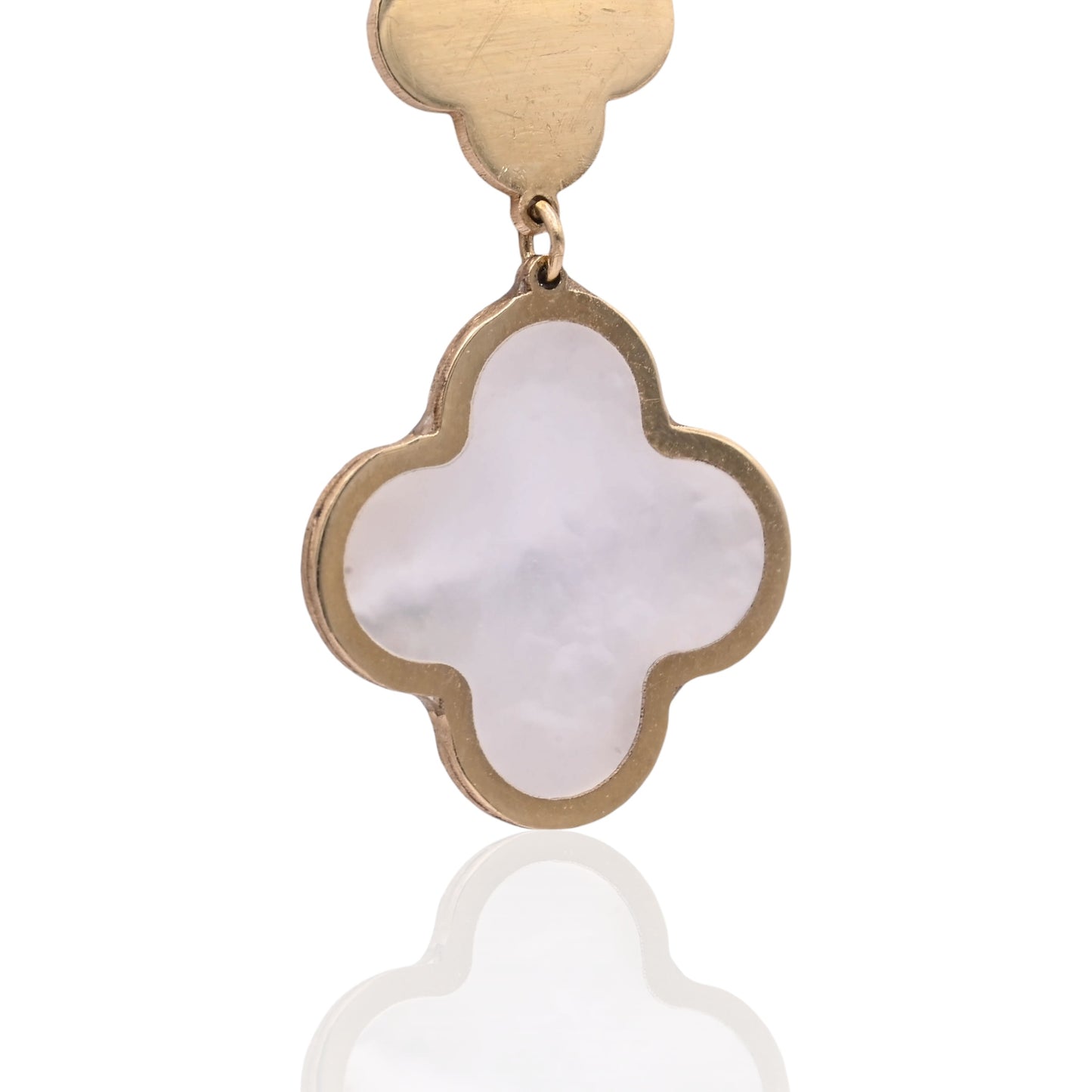 Mother of Pearl Clover Dangle Earrings 14K Yellow Gold