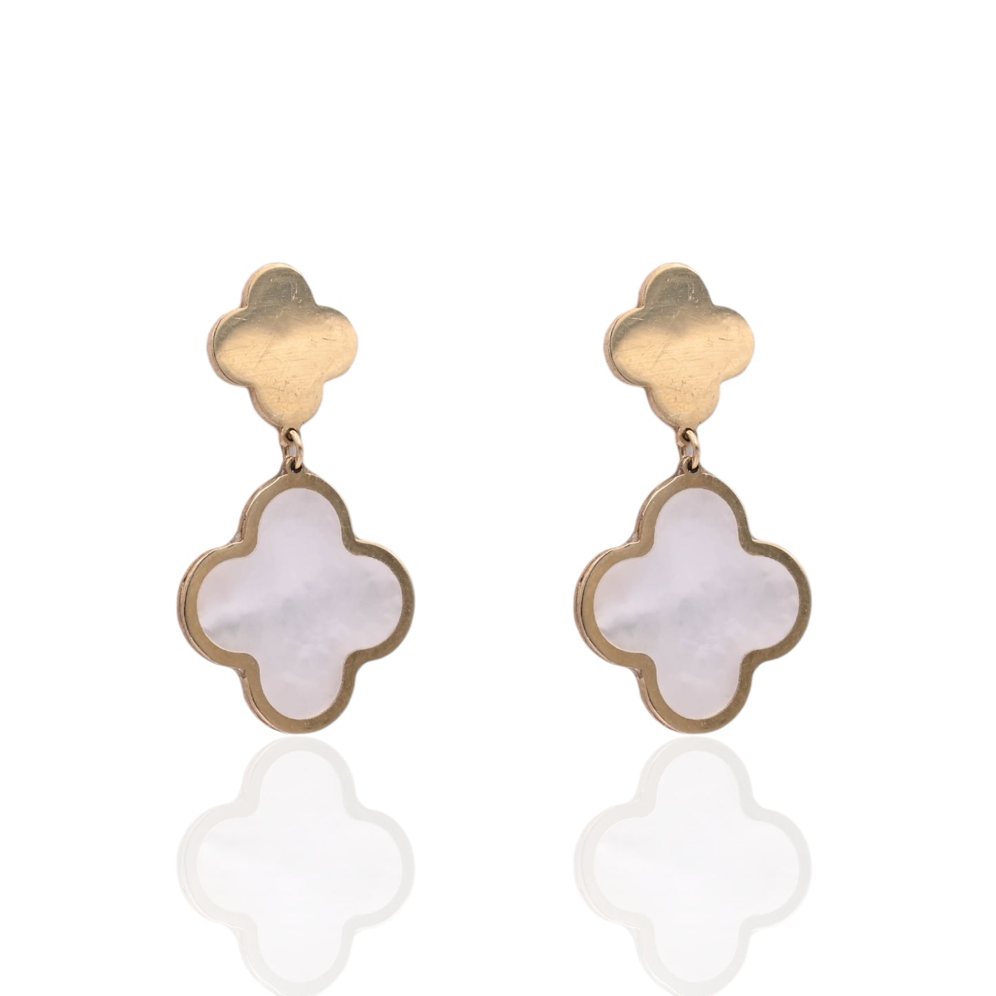 Mother of Pearl Clover Dangle Earrings 14K Yellow Gold