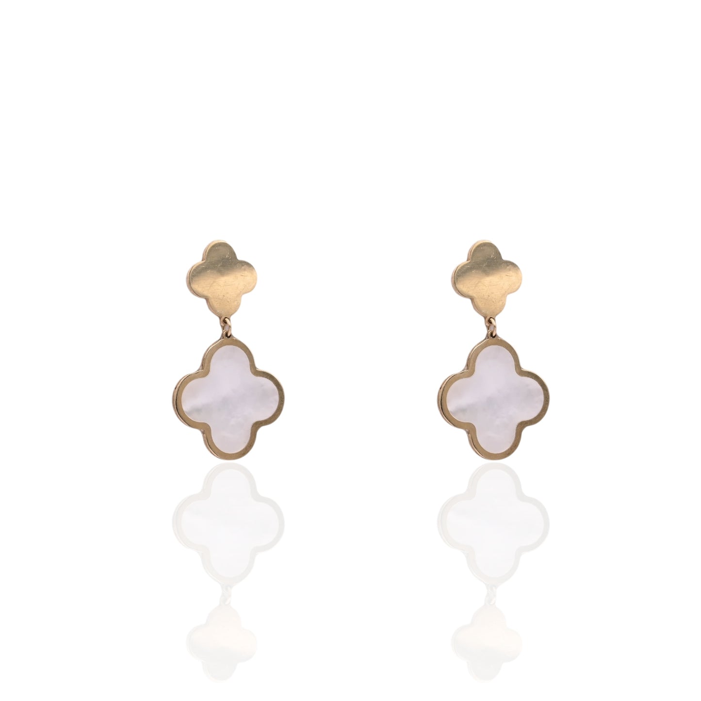 Mother of Pearl Clover Dangle Earrings 14K Yellow Gold