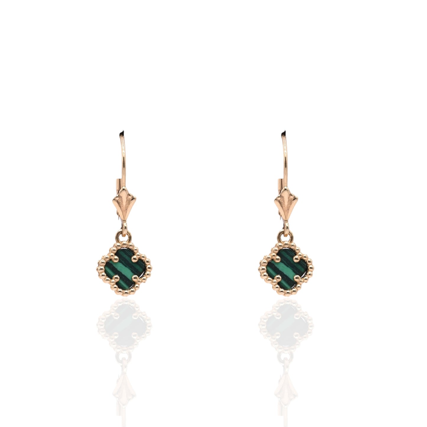 Malachite Clover Dangle Leverback Earrings 14K Yellow Gold
