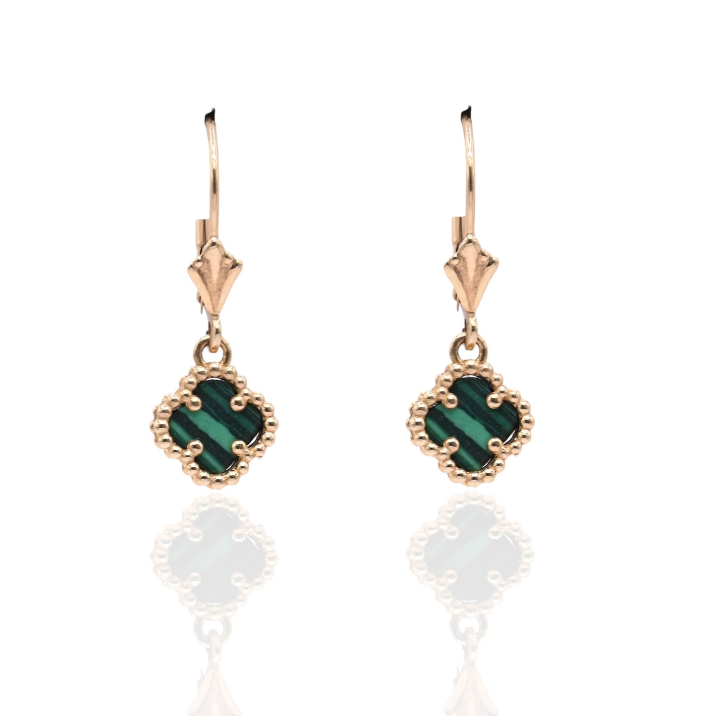 Malachite Clover Dangle Leverback Earrings 14K Yellow Gold