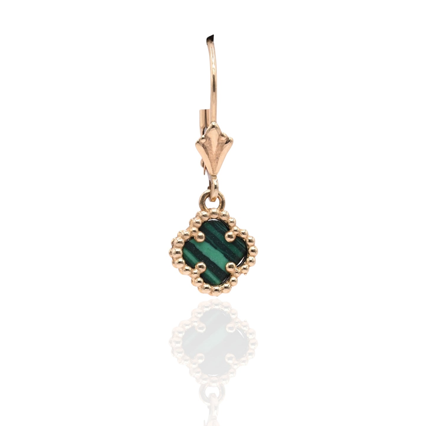 Malachite Clover Dangle Leverback Earrings 14K Yellow Gold
