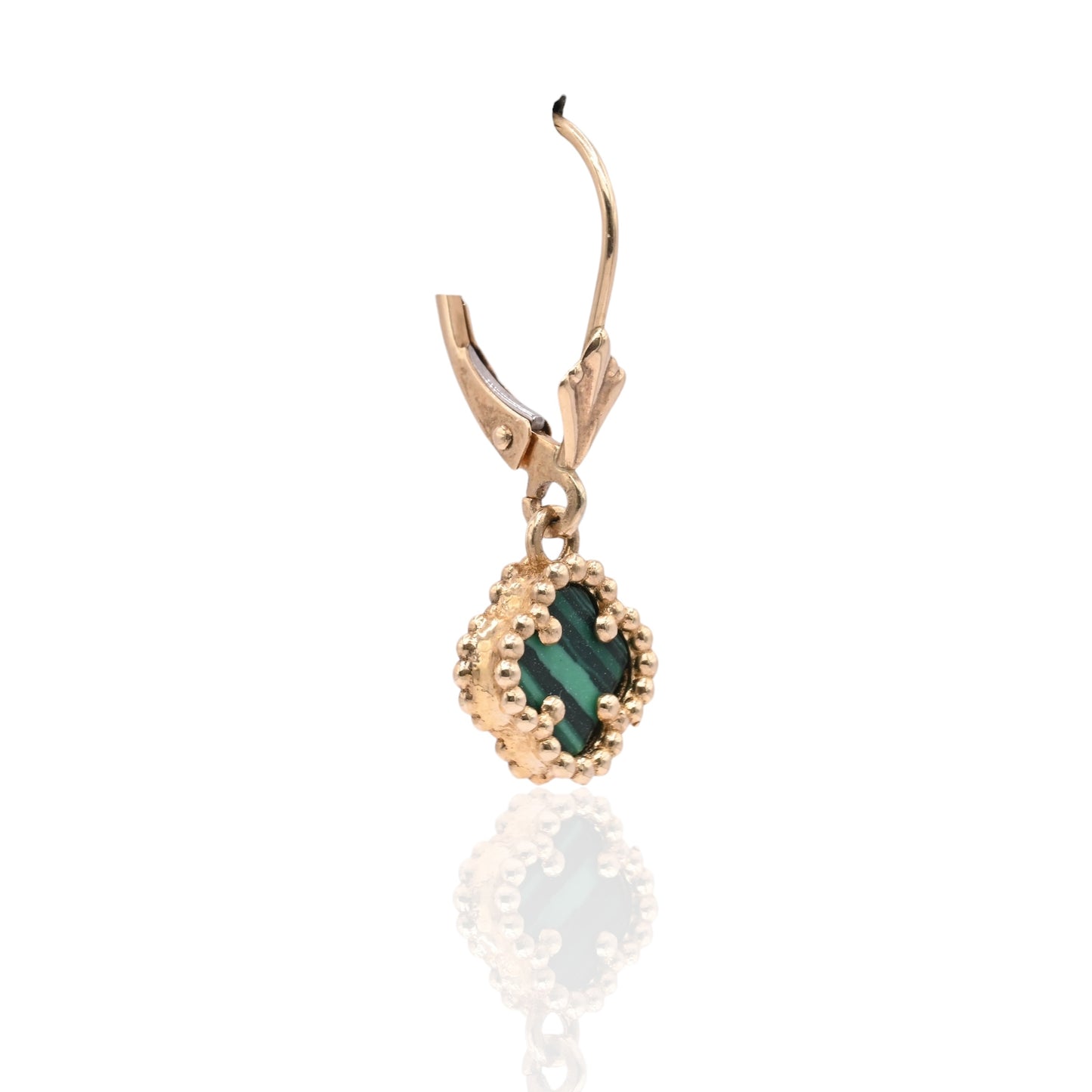 Malachite Clover Dangle Leverback Earrings 14K Yellow Gold