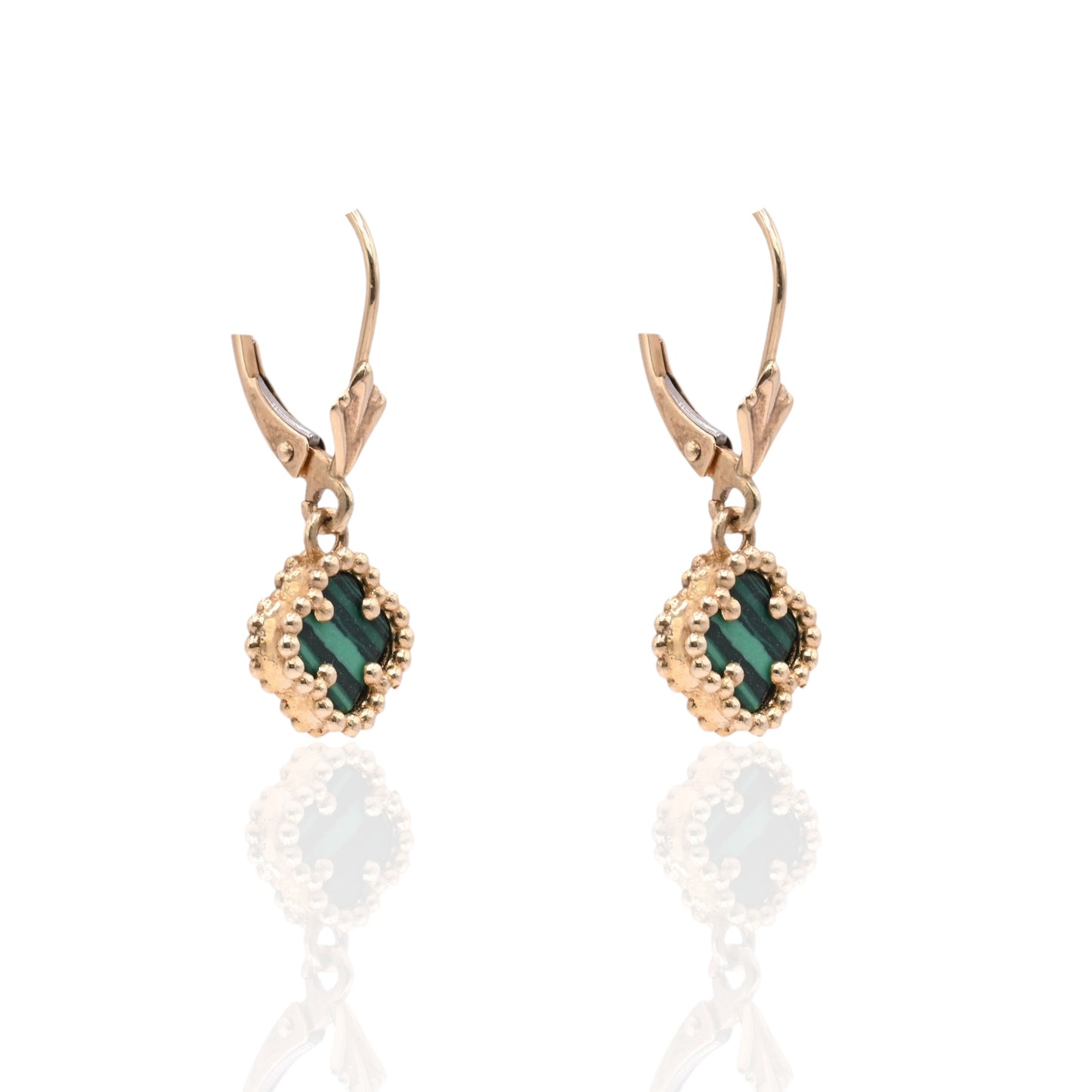 Malachite Clover Dangle Leverback Earrings 14K Yellow Gold