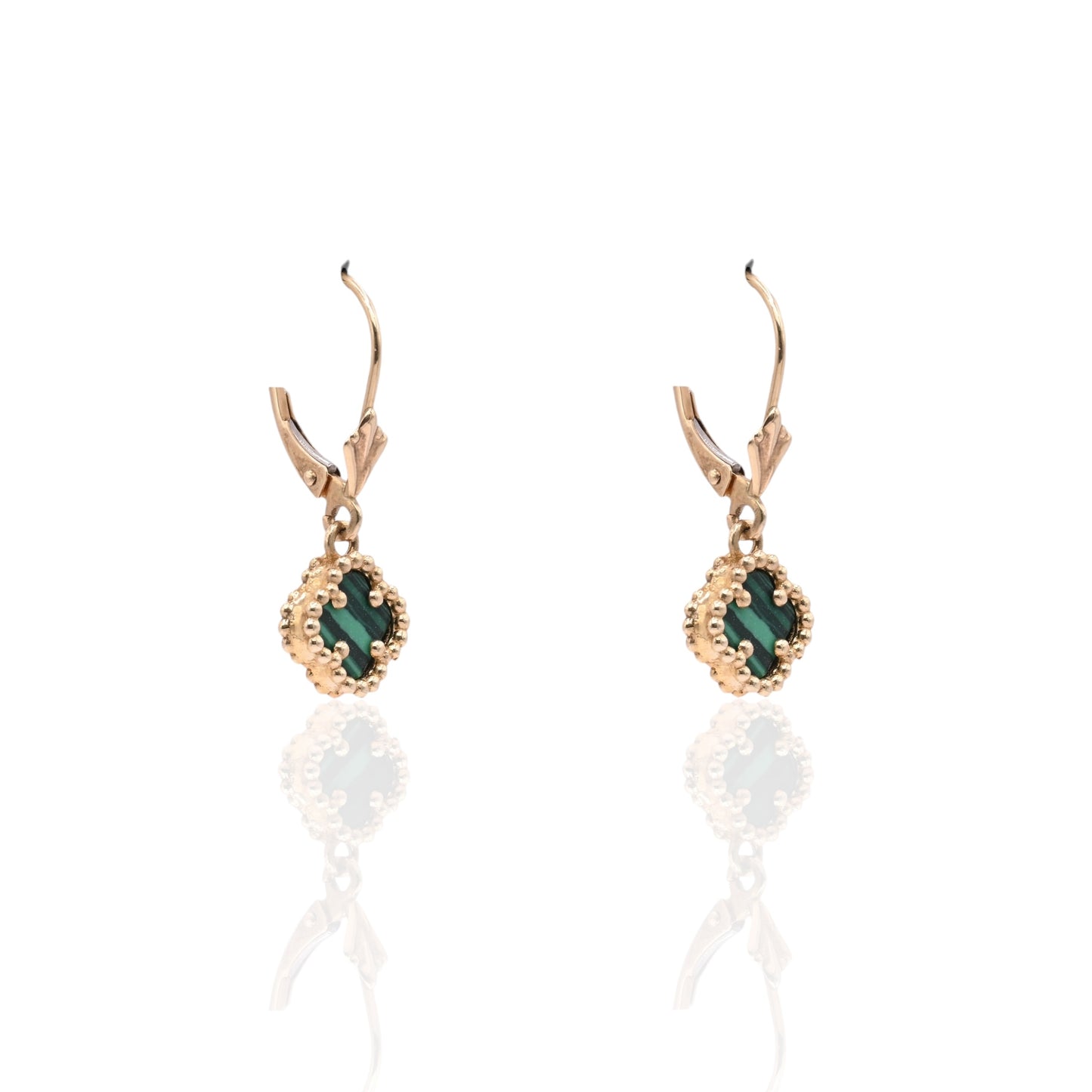 Malachite Clover Dangle Leverback Earrings 14K Yellow Gold