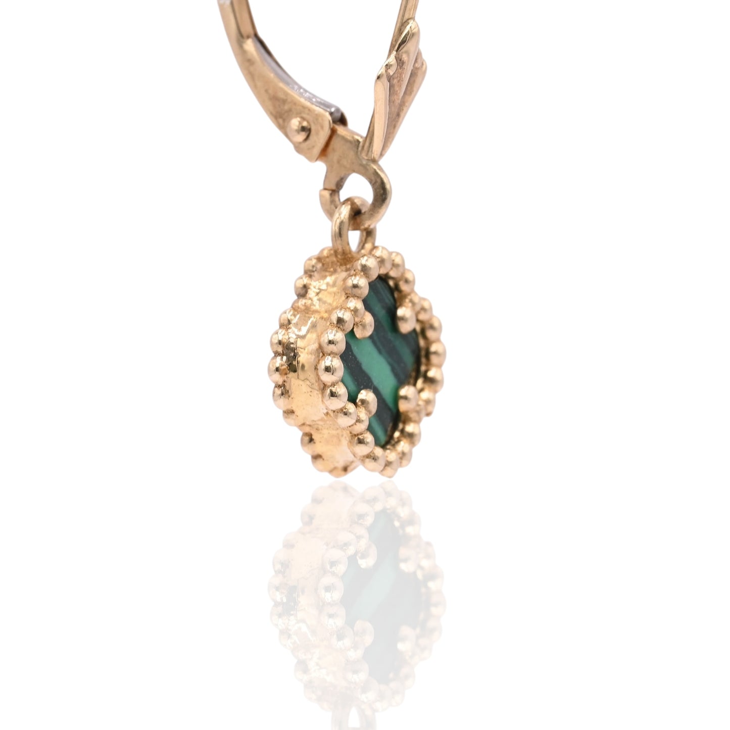 Malachite Clover Dangle Leverback Earrings 14K Yellow Gold