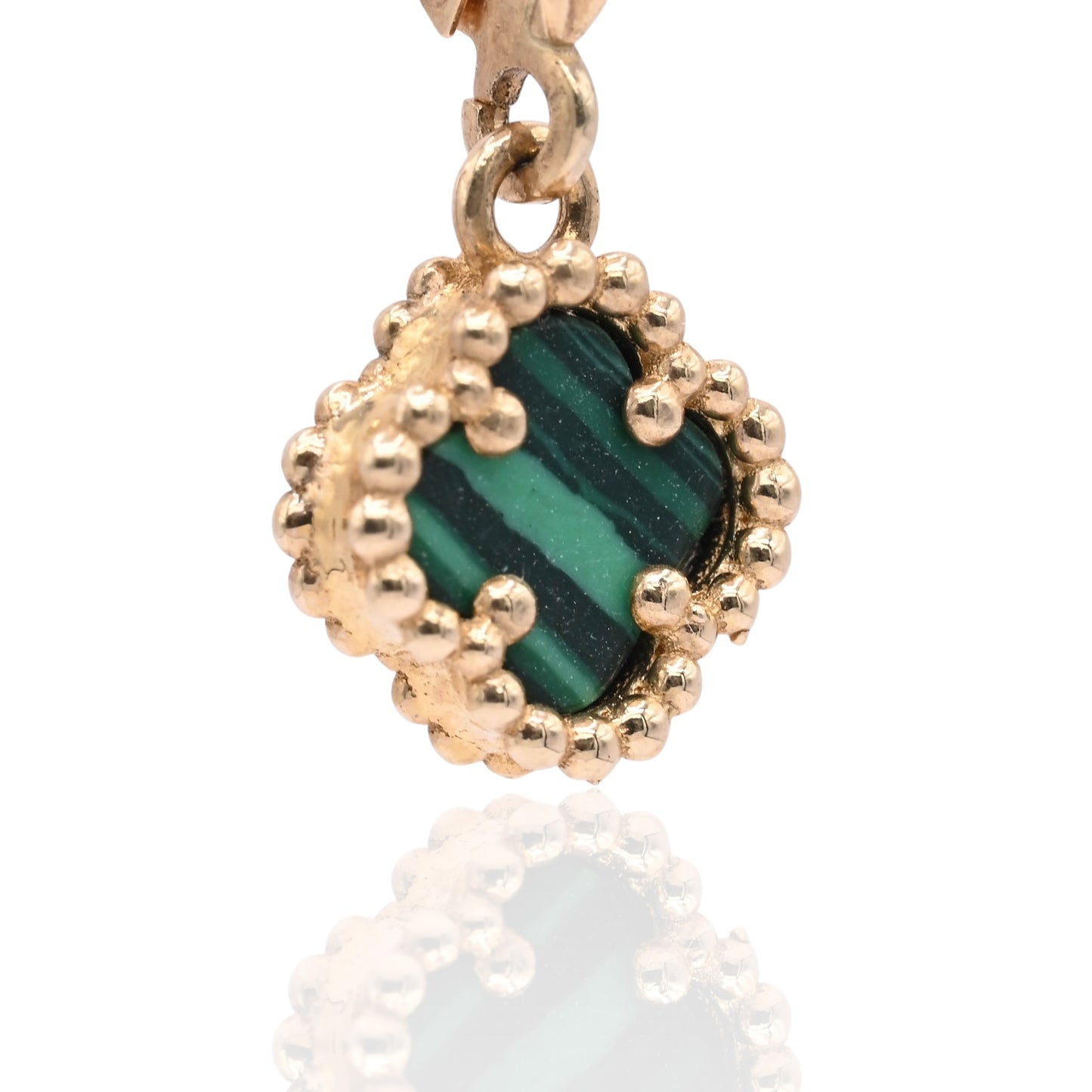 Malachite Clover Dangle Leverback Earrings 14K Yellow Gold