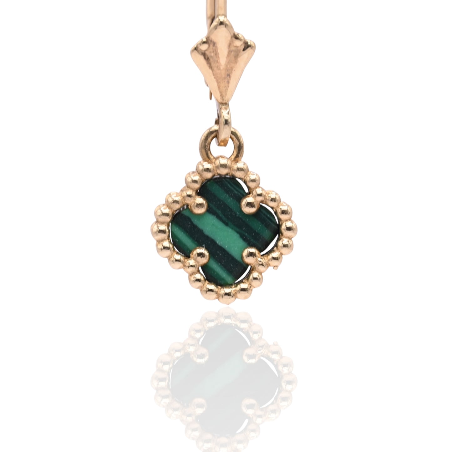 Malachite Clover Dangle Leverback Earrings 14K Yellow Gold