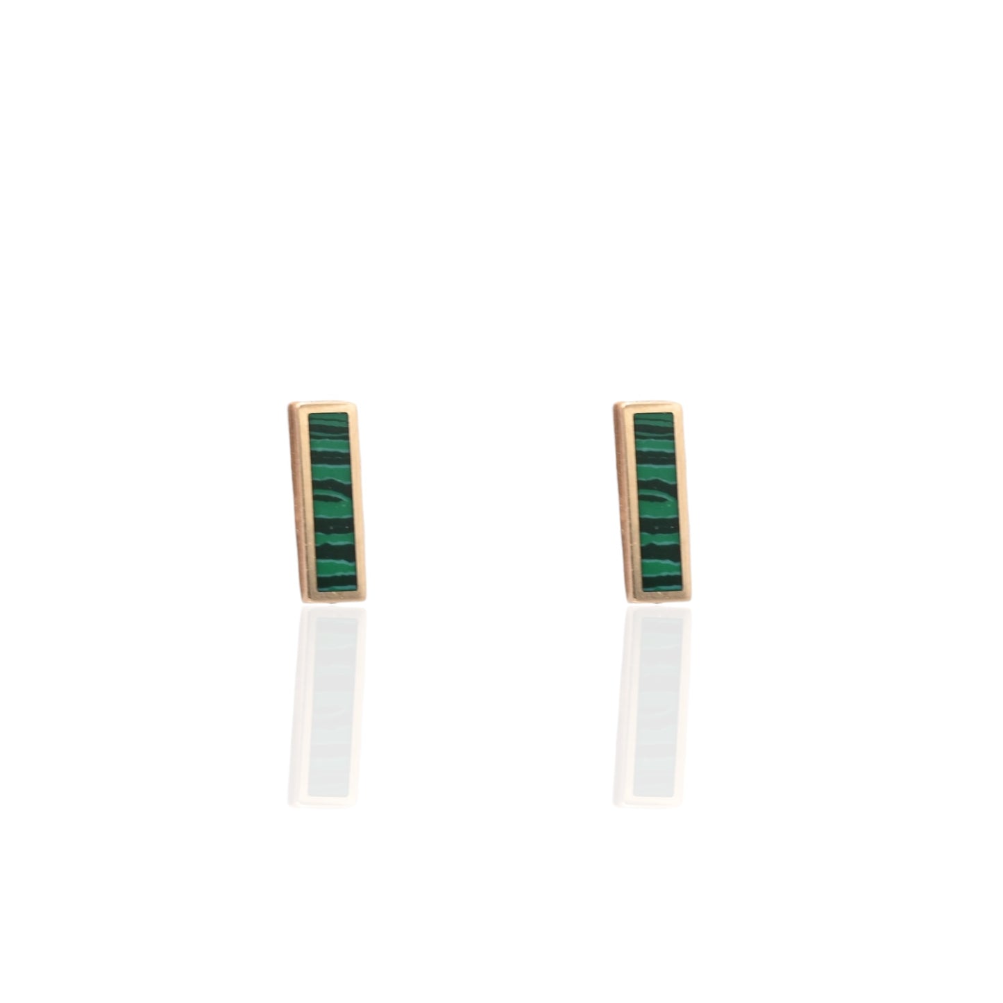 Malachite Bar Stud Earrings 14K Yellow Gold