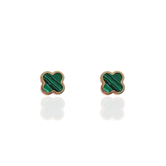 Malachite Clover Stud Earrings 14K Yellow Gold