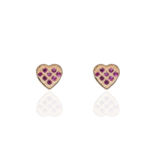 Dainty Ruby Heart Stud Earrings 14K Yellow Gold with Safety Screwbacks cttw Rubies