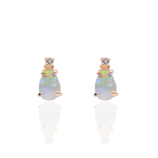 Teardrop Opal and Diamond Stud Earrings 14K Yellow Gold 0.05cttw Diamonds