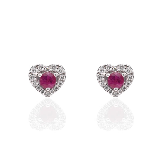 Ruby and Diamond Heart Earrings with Screwbacks 14K White Gold 0.70cttw Rubies/0.98cttw Diamonds