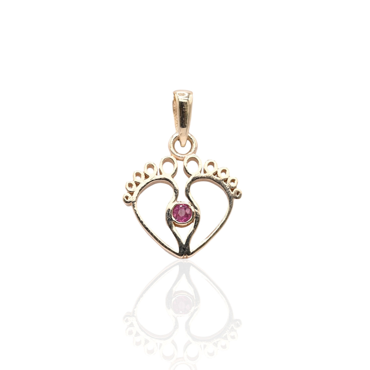 Open Baby Feet Pendant with Ruby 14K Yellow Gold 0.03cttw Ruby