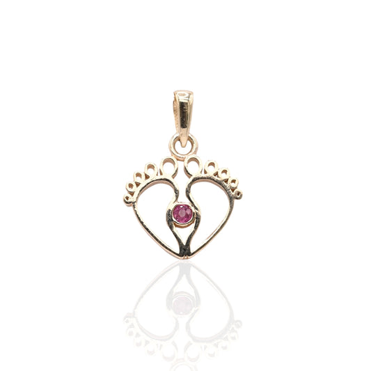 Open Baby Feet Pendant with Ruby 14K Yellow Gold 0.03cttw Ruby