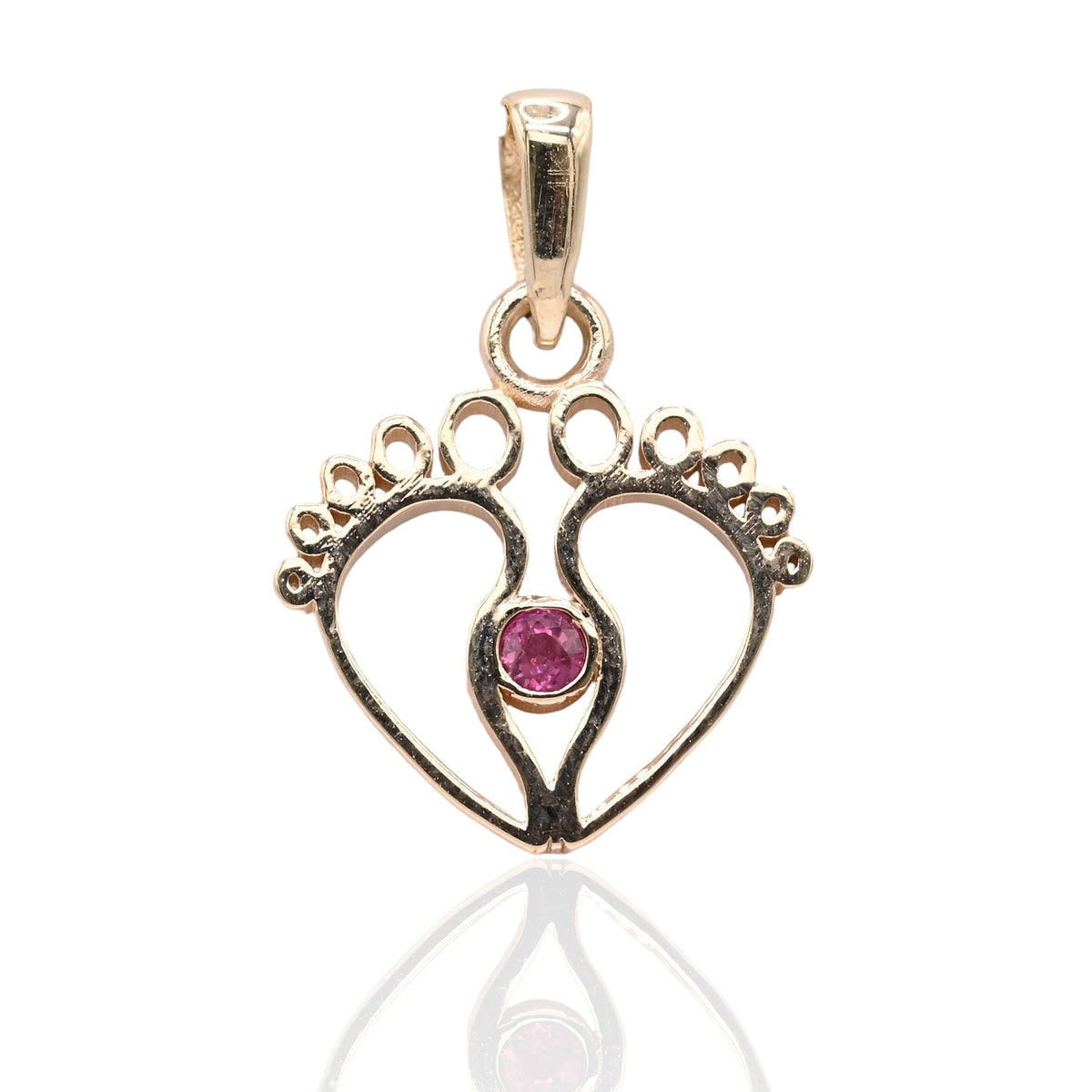 Open Baby Feet Pendant with Ruby 14K Yellow Gold 0.03cttw Ruby
