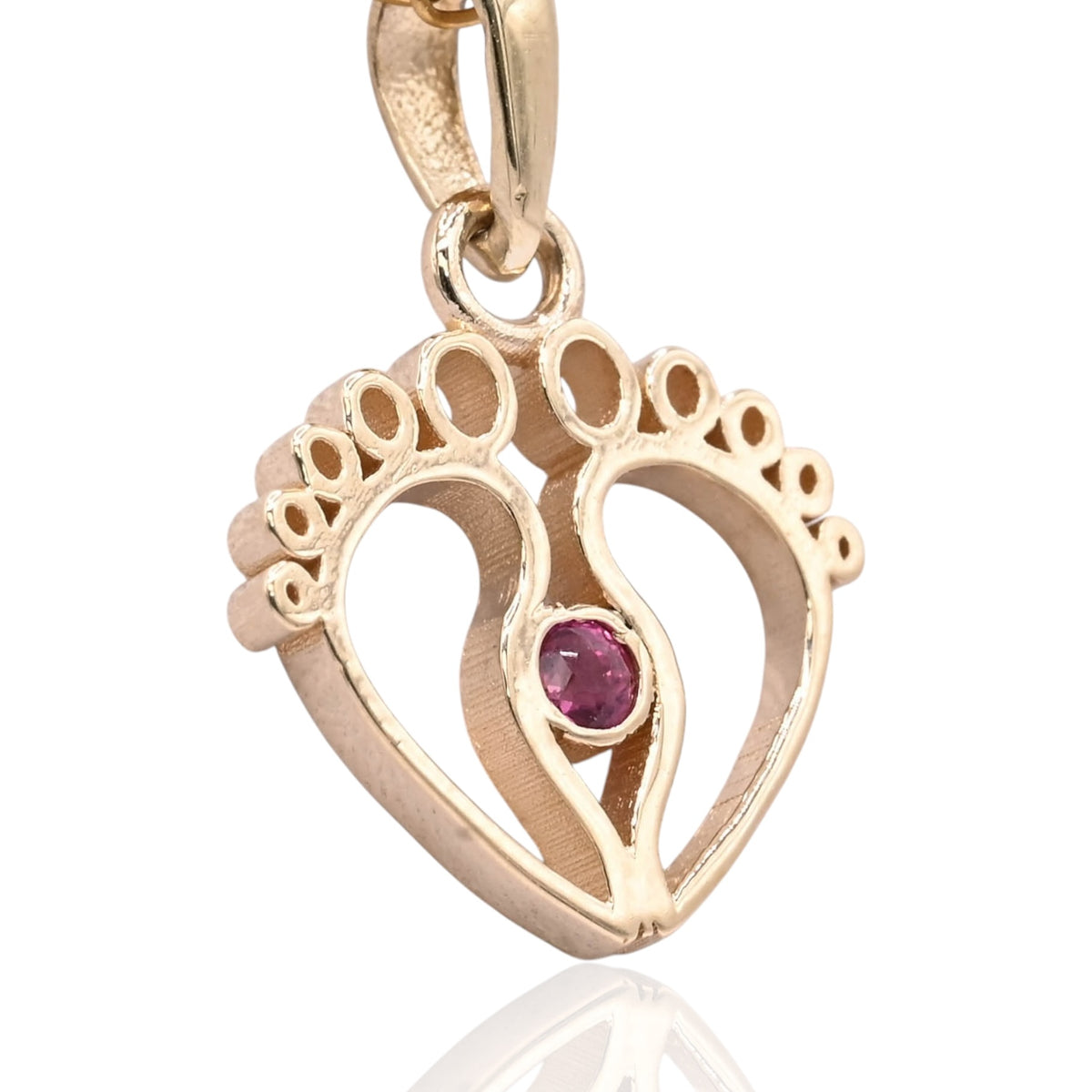Open Baby Feet Pendant with Ruby 14K Yellow Gold 0.03cttw Ruby