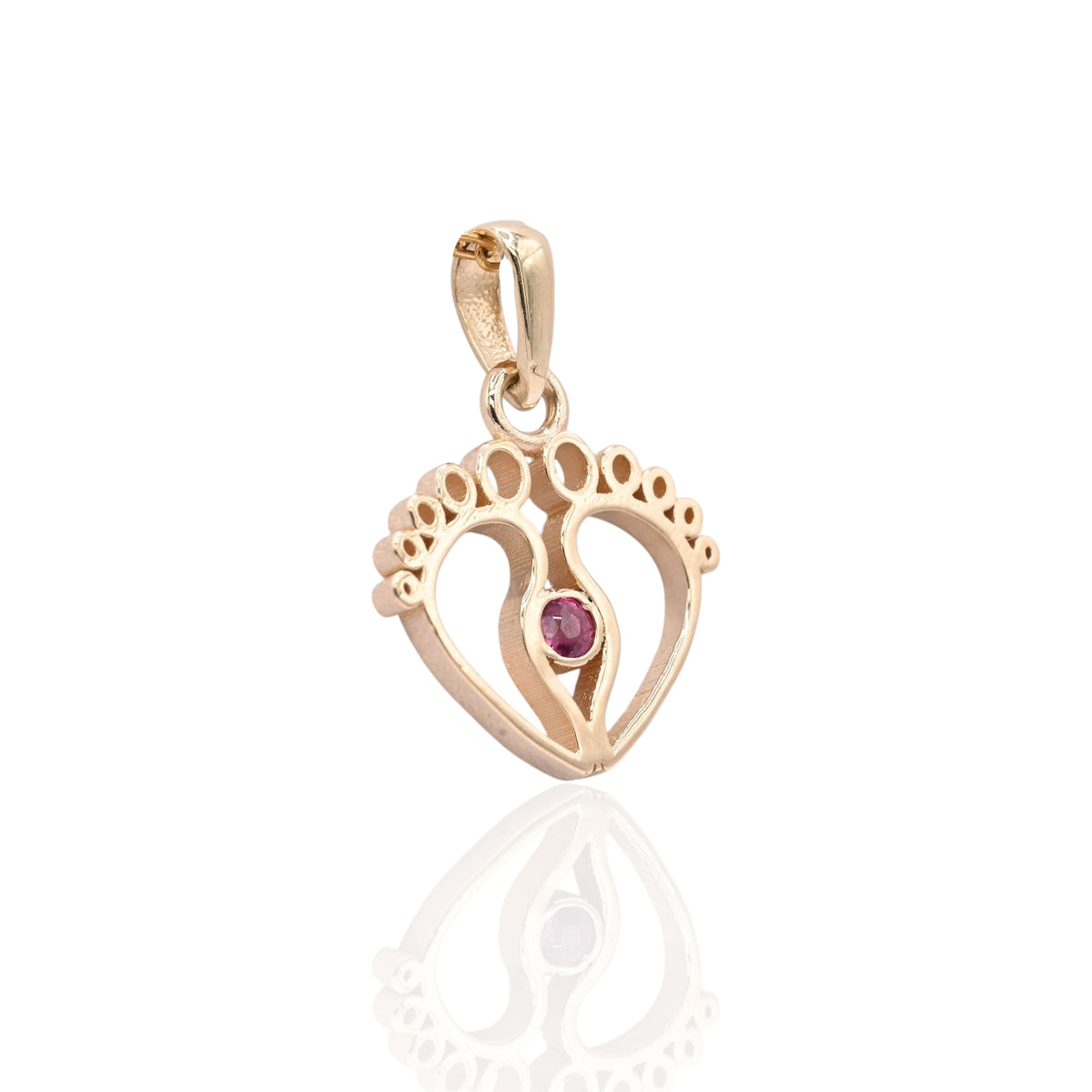 Open Baby Feet Pendant with Ruby 14K Yellow Gold 0.03cttw Ruby
