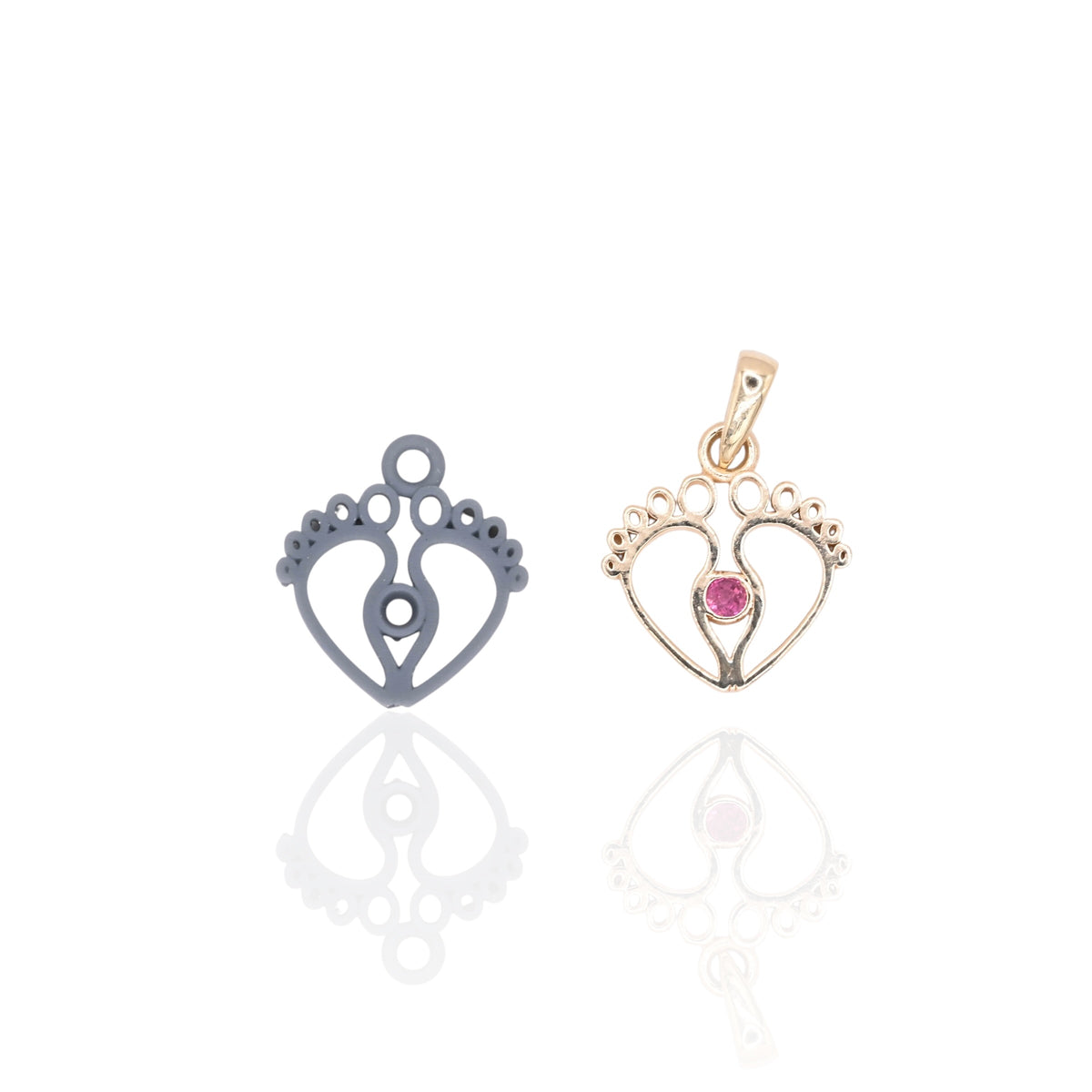 Open Baby Feet Pendant with Ruby 14K Yellow Gold 0.03cttw Ruby
